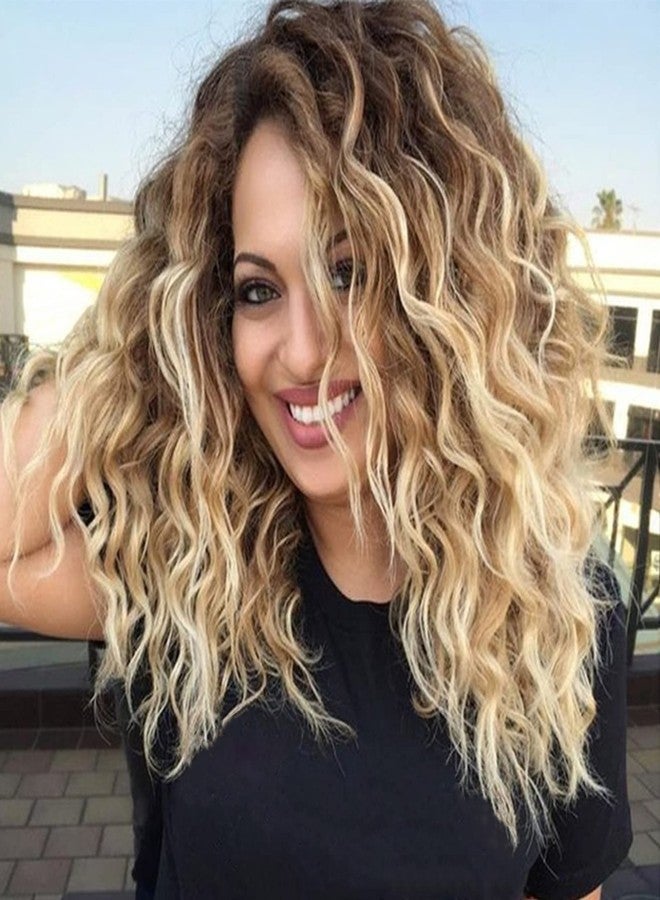 Fencca Ombre Blonde Curly Wigs for Women Medium Length Synthetic Wig Afro Wave Curly Free Part Fluffy Wig 18 inch Curly Wavy Hair Replacement Wig - Image 1